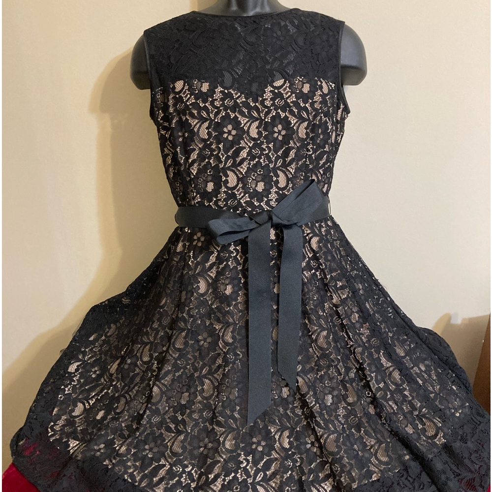 Betsy & Adam black lace dress. With  beige under slip. Party, wedding.  Size 14.
